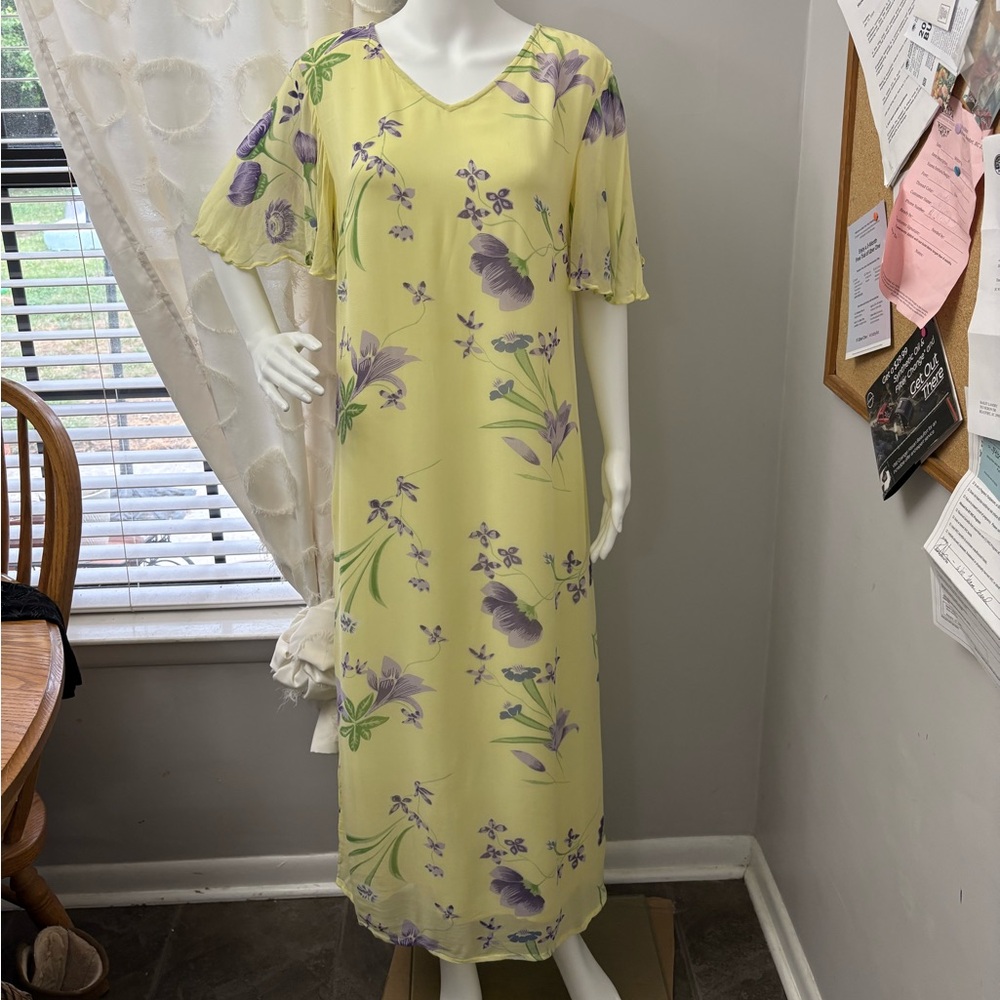 Pale Yellow Floral Maxi Dress with Lavender Accents